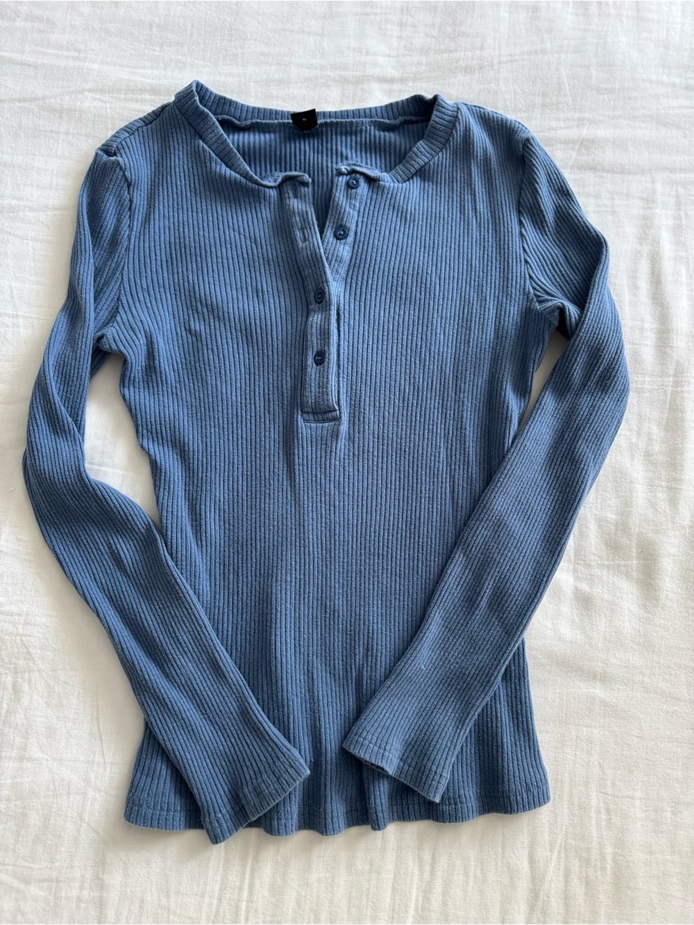 Ribbed Henley Long-Sleeve Top - Blue